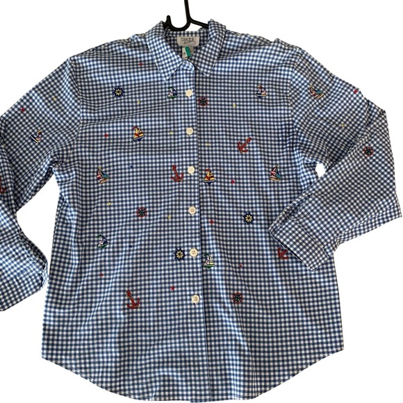 Teddi Tops - Teddi Womens XL Blue Gingham Nautical Embroidered Button Down Shirt Sailboat